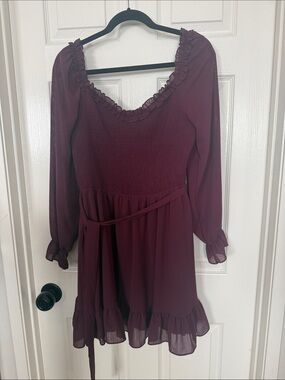 Long Sleeve Ruffled Mini Dress - Deep Burgundy size XL